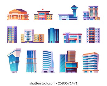 City different buildings. Downtown living brick building, urban residential town house modern architecture office company business tower hotel apartment, swanky vector illustration original artwork