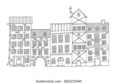 A city with different houses. The street. Coloring. Black and white outline. Doodle vector illustration, hand drawn.