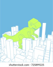 City and dinosaur. Abstract Skyline and monster. Industrial landscape and dino. Vector illustration