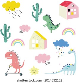 The city of dinosaurs. Three colorful dinosaurs walk among houses, cacti, clouds and the sun. Set about the weather: sun, clouds, rain and rainbows. Three colorful dinosaurs are riding on a scooter. A