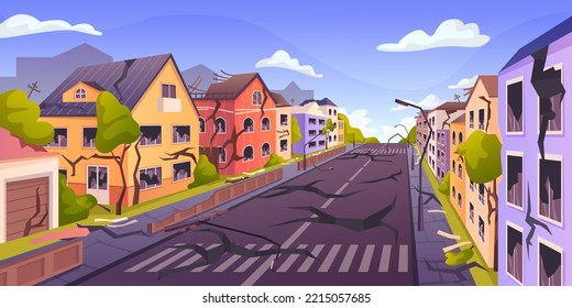 City disaster, earthquakes and natural catastrophes. Street with damaged houses and broken roofs, cityscape with town wires on ground. Vector in flat style