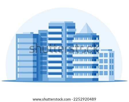 City district in blue. Large modern buildings. Business center buildings. Urban cityscapes. Vector graphics
