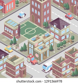 City district in isometric 3d style. Vector town. Set of buildings, houses, townhouses, multi-family homes, shop, bar, school, hospital, car parking.