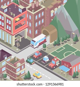 City district in isometric 3d style. Vector town. Set of buildings, houses, townhouses, multi-family homes, shop, bar, school, hospital, car parking.