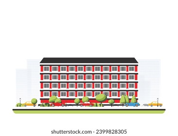 City district with modern building in flat style with trees and cars. Vector illustration. City scene isolated on white background. Urban architecture. Old street european architecture.