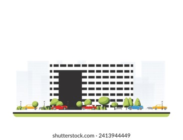 City district with modern building in flat style with trees and cars. Vector illustration. City scene isolated on white background. Urban architecture.