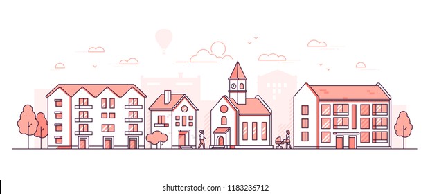 City district - modern thin line design style vector illustration on white background. Red colored composition, landscape with facades of buildings, town hall with clock, trees, people walking