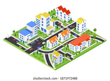 City district - modern vector colorful isometric illustration. Urban landscape with apartment houses, police department, road with cars, parking lots, trees. Real estate, housing complex, construction