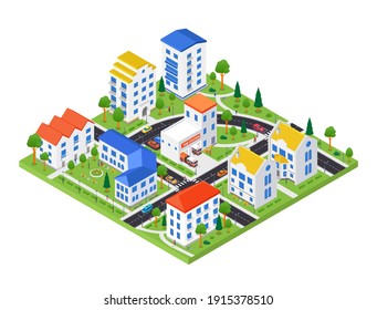 City district - modern vector colorful isometric illustration. Urban landscape with apartment houses, fire station, road with cars, trees. Real estate, housing complex, construction concepts