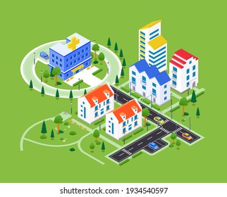 City district - modern vector colorful isometric illustration. Urban landscape with apartment houses, hospital with ambulance, road with cars, parking lots, trees. Real estate, housing complex