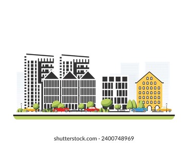 Barrio de la ciudad con edificios antiguos y modernos de estilo plano con árboles y coches. Ilustración vectorial. Escena de la ciudad aislada de fondo blanco. Arquitectura urbana. Arquitectura europea de la calle antigua.