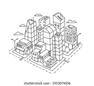 City district square. Locality area sketch. Hand drawn vector line. Isometric view. Contour illustration.