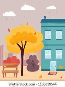 City district street view. Rainy autumn day. Vertical banner. Cartoon illustration