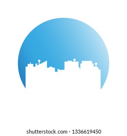 city downtown building in blue circle background