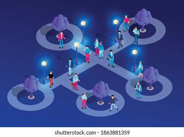 City downtown center night neon ultraviolet walking people of isometric street. Conceptual picture town illustration of vector design graphics.
