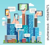 City downtown communications. Urban area social networking via modern smart devices, phones and tablets. Skyscrapers and hands holding technology. Flat style vector illustration. 