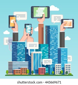 City downtown communications. Urban area social networking via modern smart devices, phones and tablets. Skyscrapers and hands holding technology. Flat style vector illustration. 