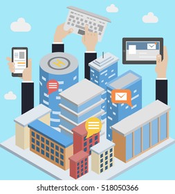 City downtown communications. Urban area social networking via modern smart devices, phones and tablets. Skyscrapers and hands holding technology. Flat style vector illustration.