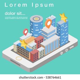 City downtown communications.Skyscrapers and hands holding technology. Flat style vector illustration, map illustration with markers 