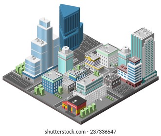 City downtown concept with isometric office skyscrapers and government buildings 3d vector illustration