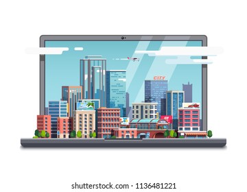 City downtown display on laptop computer screen. City real estate skyscraper business buildings cityscape. Online real estate business investment concept. Flat vector isolated clipart illustration