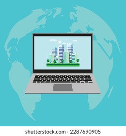 City downtown display on laptop computer screen. City real estate skyscraper business buildings cityscape. Online real estate business investment concept. Flat vector isolated clipart illustration.