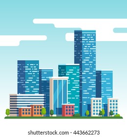 City downtown landscape with high skyscrapers piercing clouds in the sky. Flat style vector illustration. 