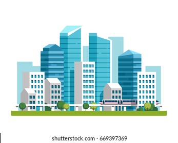 City downtown landscape with high skyscrapers and subway. Vector illustration.