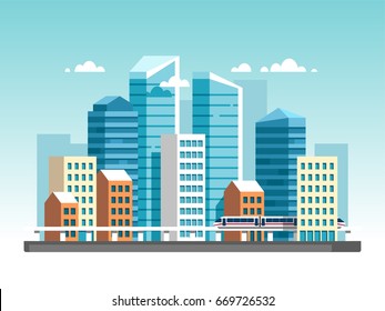 City downtown landscape with high skyscrapers and subway. Vector illustration.