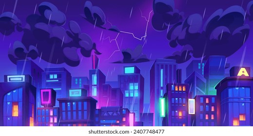 City downtown landscape at night with modern neon glowing skyscraper buildings under gloomy sky with clouds, falling rain and lightning. Cartoon cyberpunk rainy cityscape with high rise architecture.