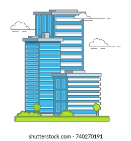 City downtown a landscape with skyscrapers and trees and a grass. Urban inhabited multistorey buildings from glass.Flat style with a linear inking a vector.Town skyline 