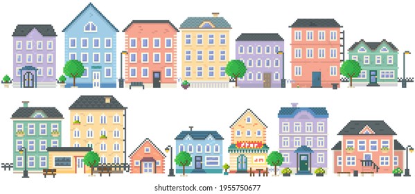 City downtown landscape with small houses and buildings. Design for mobile app, pixel computer game