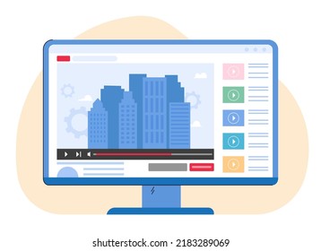 Centro de la ciudad en la pantalla plana de la pantalla del ordenador. Gente viendo videos en internet. Conexión, medios, concepto multimedia para banner, diseño de sitios web o página web de inicio