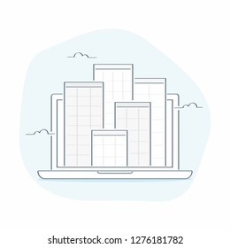 City downtown, real estate skyscraper business buildings in front of the laptop screen, business presentation, online real estate business search concept. Flat outline vector illustration on white.