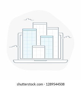 City downtown, real estate skyscraper business buildings in front of the laptop screen, business presentation, online real estate business search concept. Flat outline vector illustration on white.