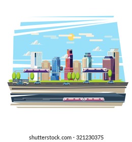 City downtown with Sky Train and Subway. car on ther road. Transportation Concept Set - vector illustration