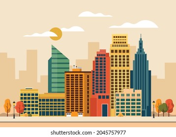 City downtown with skyscrapers, business buildings, clouds, sky. City center downtown cityscape view. Big city buildings. Flat vector illustration isolated on background