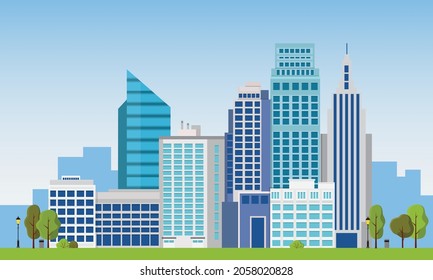 City downtown with skyscrapers, business buildings, clouds, sky. City center downtown cityscape view. Big city buildings. Flat vector illustration isolated on background