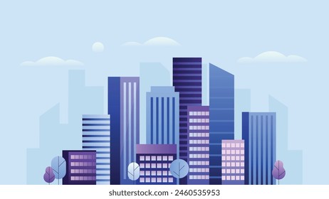 City downtown with skyscrapers, business buildings, clouds, sky. City center downtown cityscape view. Big city buildings. Flat vector illustration isolated on background