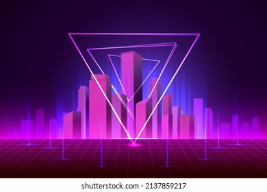 City downtown skyscrapers landscape architecture buildings Neon glow lighting background. Combination of real and virtual. illustration Vector