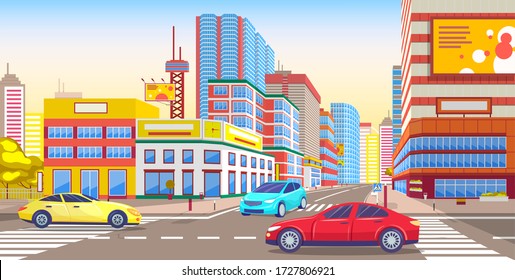 City downtown street with vehicles. Transportation in town with skyscrapers and modern buildings. Urban landscape with houses and cars, contemporary cityscape or townscape. Vector in flat style