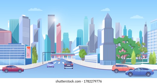 City downtown in summer vector illustration. Cartoon 3d urban sunny panoramic cityscape, cars on street road, modern town architecture and green trees, billboards on building skyscrapers background