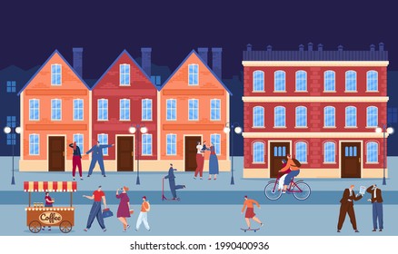 City downtown, urban building in evening, vector illustration, flat people character walk at town street, family drink coffee at cityscape.