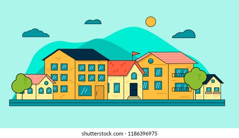 City downtown or village with buildings, clouds, blue sky, mountains. Line cityscape view. Town real estate banner. Linear vector illustration isolated 