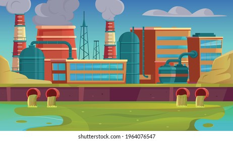 City drains flat background with factory urban landscape and river pollution vector illustration