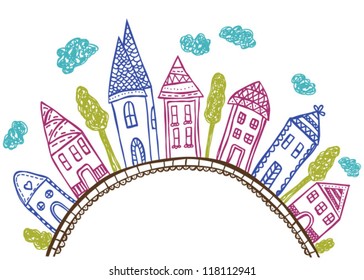 City drawing with houses on hill - hand drawn illustration, doodle style