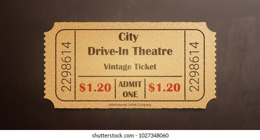 City drive-in theater vintage ticket. High detail grunge paper or cardboard.Vintage old coupon. Retro ticket template. Vector illustration.