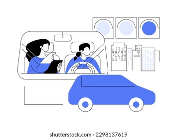 City driving lesson abstract concept vector illustration. Girl learning to drive car around the city with instructor, personal transport, education process, student and teacher abstract metaphor.