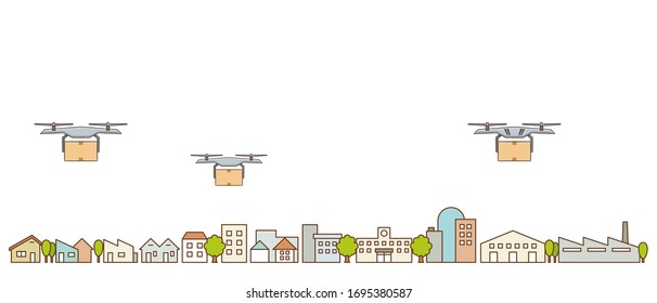 Vektorillustration-Illustration über City-Drohne-Lieferkonzepte. Quadcopter für den Transport von Verpackungen, Lebensmitteln oder anderen Gütern.
