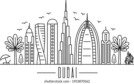 City of Dubai in line art style for use in various designs, posters, booklets, flyers, stickers, wall decals, black color